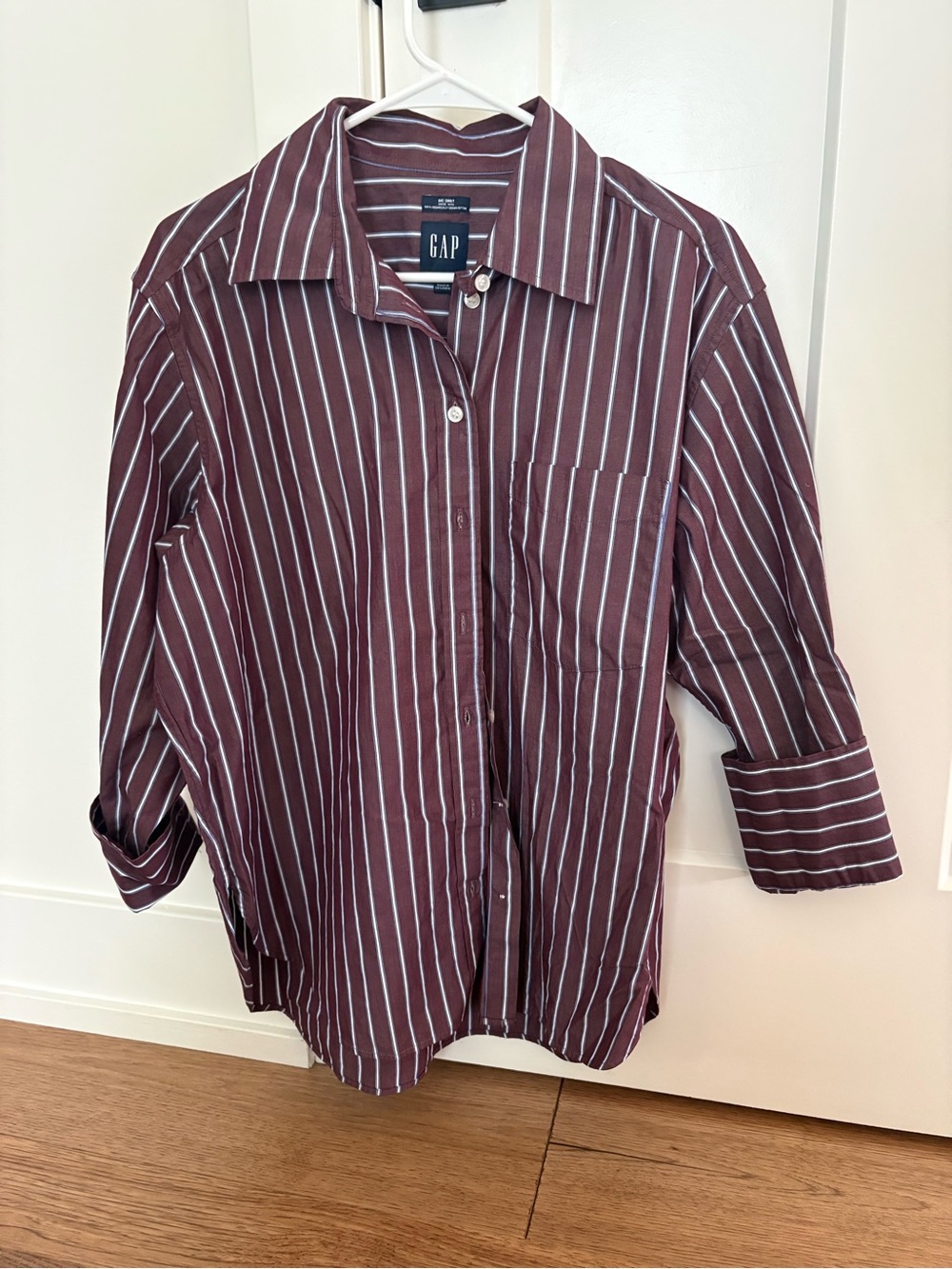 GAP Women's Burgundy and White Striped Button-Down Shirt